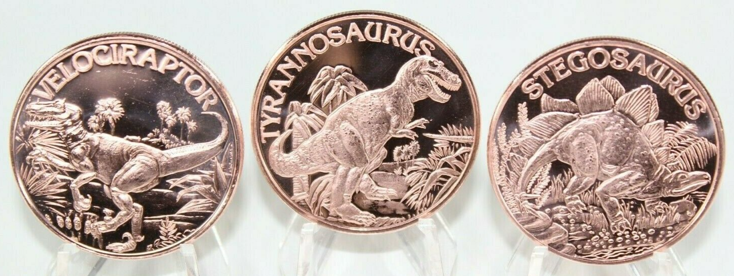 Copper Coins * 1oz. Ea. * 3pc. Dinosaur Set * Stegosaurus * T-Rex * Velociraptor Без бренда