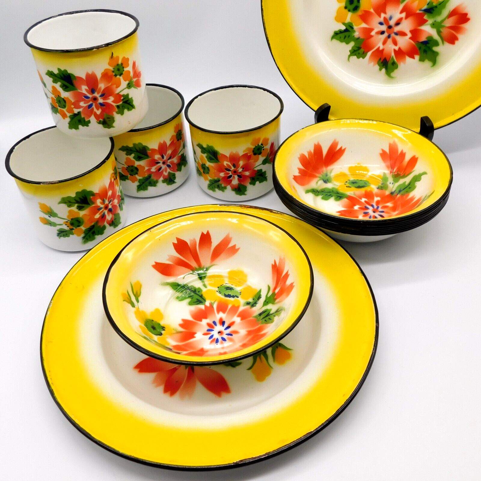 VTG 14 pc Metal Rossini Enamel Ware Floral Set 2 plates 8 bowls 4 cups Hong Kong Rossini - фотография #2