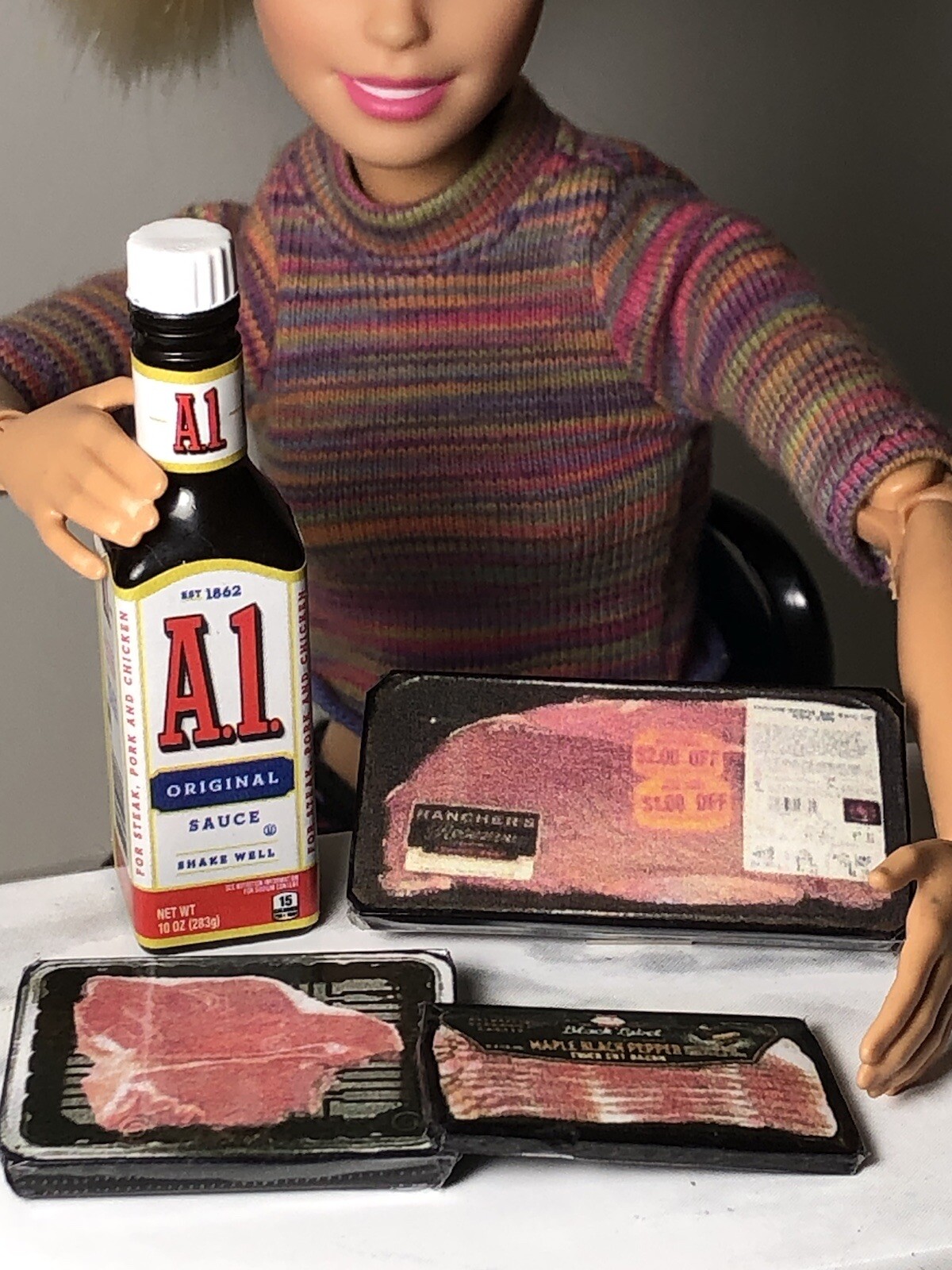 4pc BARBIE Doll FOOD Lot A1 STEAK Sauce 🥩  Bacon Little Kitchen Meat 1:6 SCALE Unbranded - фотография #2