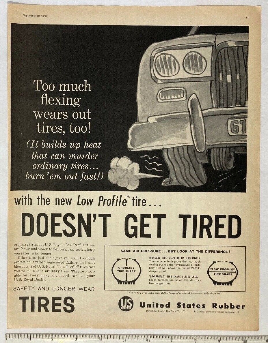 1960 U S Royal Tires Print Ad Solves the Flexing Doesn't Get Tired 2 pages U. S. Royal Low Profile Tires - фотография #4