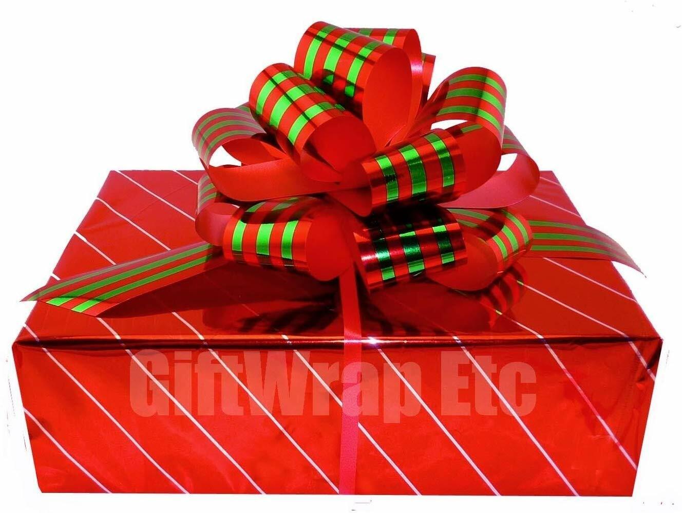 Christmas Gift Wrap Pull Bows - 5" Wide, Set of 6, Metallic Red Green Stripe GiftWrap Etc 51663M - фотография #2