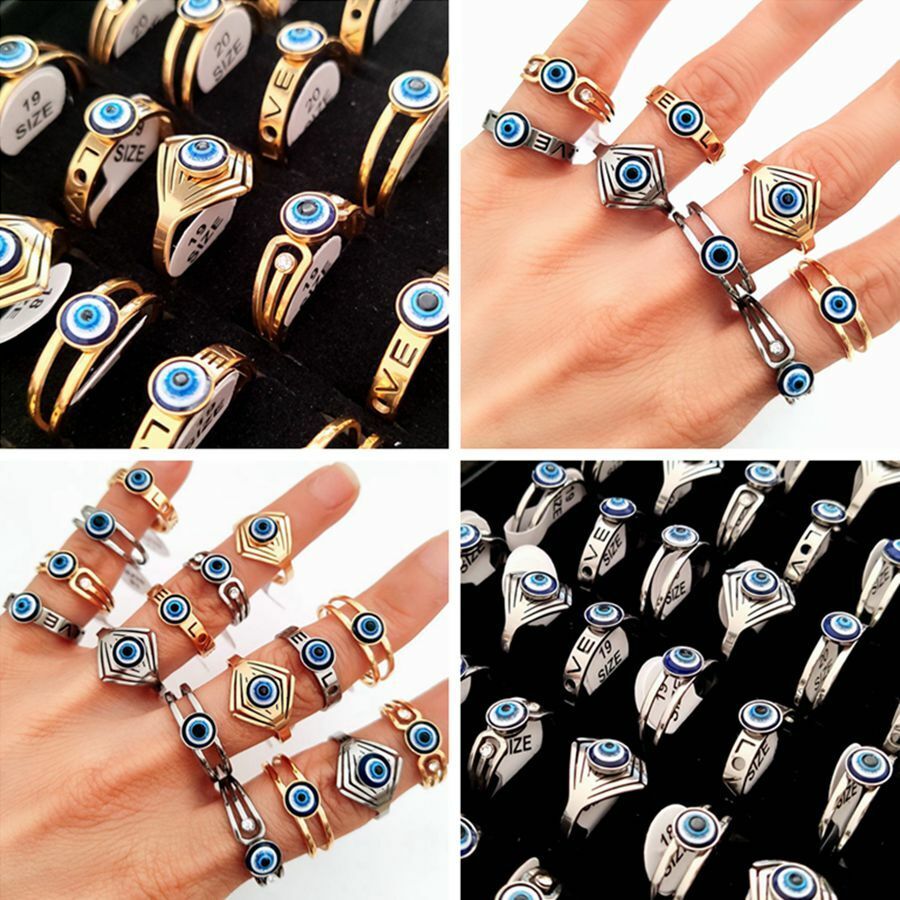 36pcs Vintage Style Stainless Steel Blue Eye Ring Retro Punk Women's Lucky Ring Unbranded