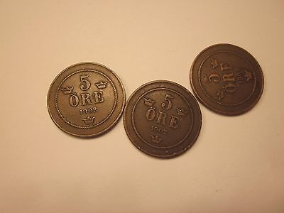 COINS EUROPEAN ANTIQUES 5 ORE 1902 1904 1907  BRODRAFOLKENS VAL SET OF 3  #73C Без бренда - фотография #2