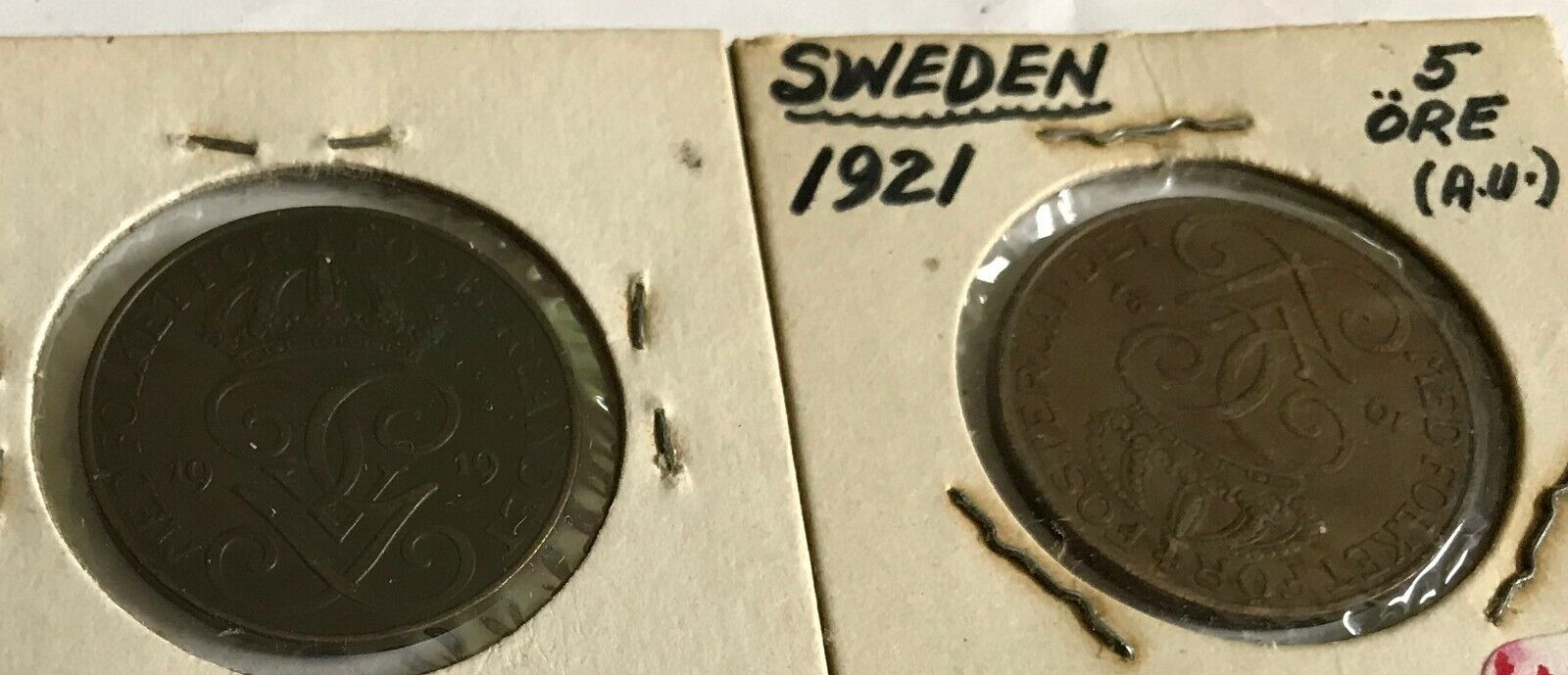 Sweden - lot of 2 coins - 5 ORE - 1919 EF & 1921 AU Без бренда - фотография #3