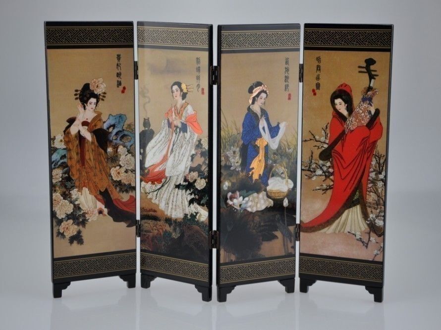 Oriental Chinese Golden Lacquer Folding Room Screen Divider Four Great Beauties Unbranded Does Not Apply