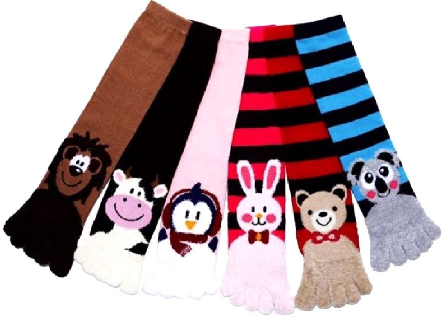3 Pairs Fuzzy Animals Toe Socks Calf Length Funny Feet Striped #30701 Size 9-11 Mopas - фотография #3