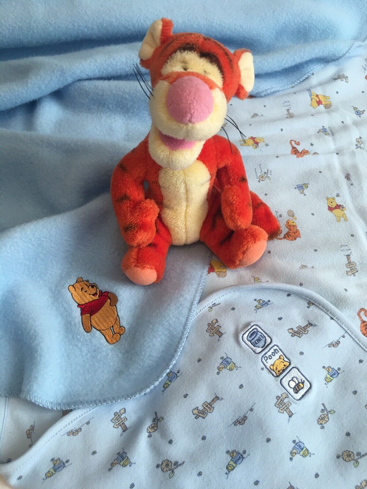 Lot 3 Vtg Winnie the Pooh Tigger Blue Baby Boy Soft Blankets + Plush Gund Tigger Disney Blankets