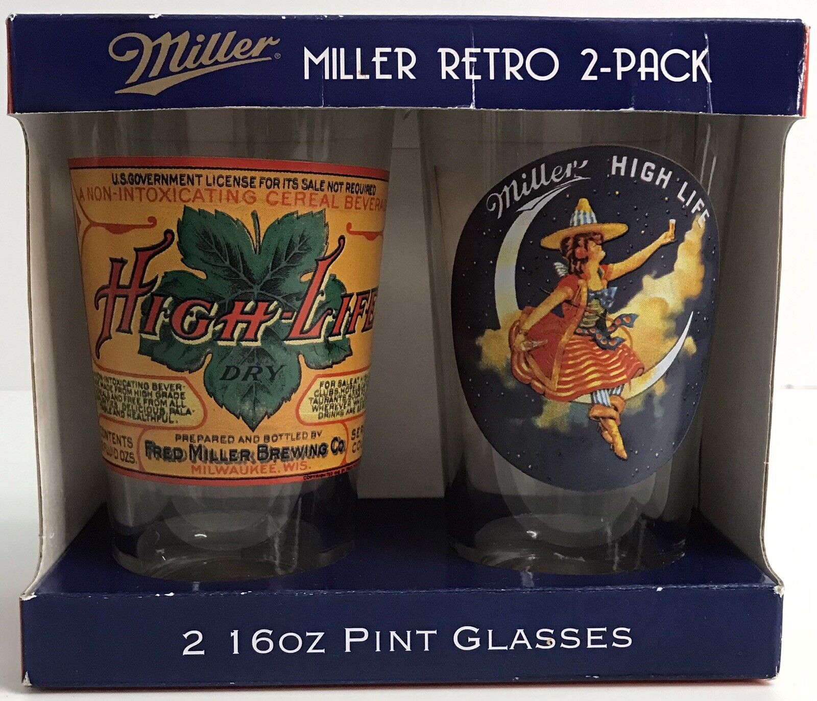 Miller Beer Retro 2 Pack 16oz Pint Glass Set Bar Pub Boelter Brands New Man Cave Miller