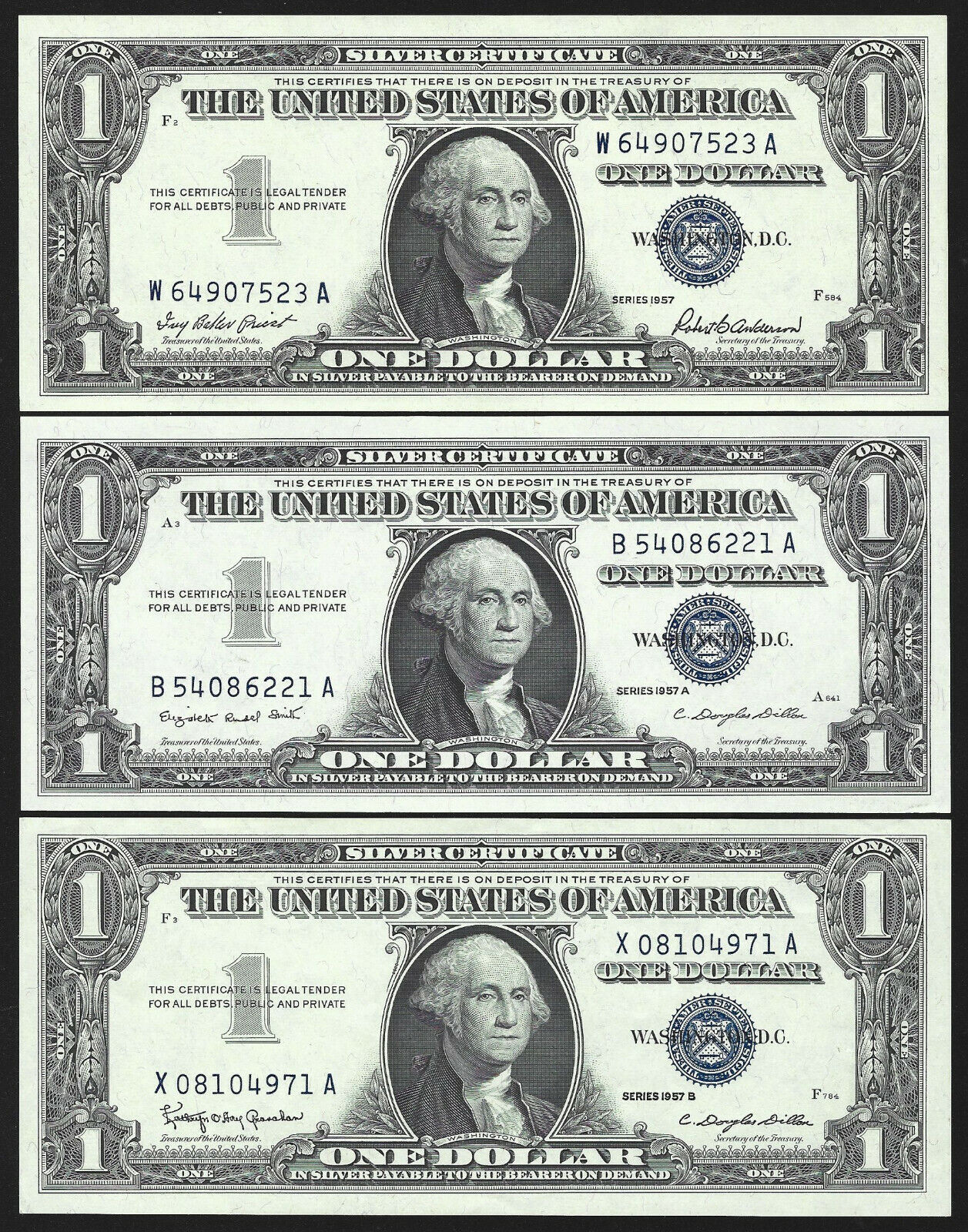 (3 ) $1 SILVER CERTIFICATES COMPLETE SET OF 3 = GEM UNCIRCULATED = 1957, A & B Без бренда