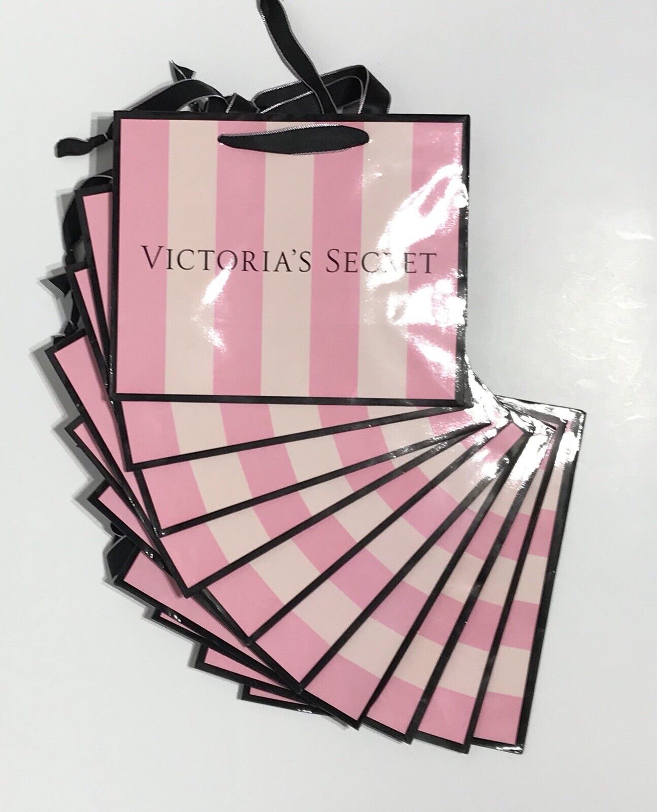 10 Victoria's Secret SMALL Paper Classic Pink Stripe Shopping Paper Gift Bags VICTORIA'S SECRET