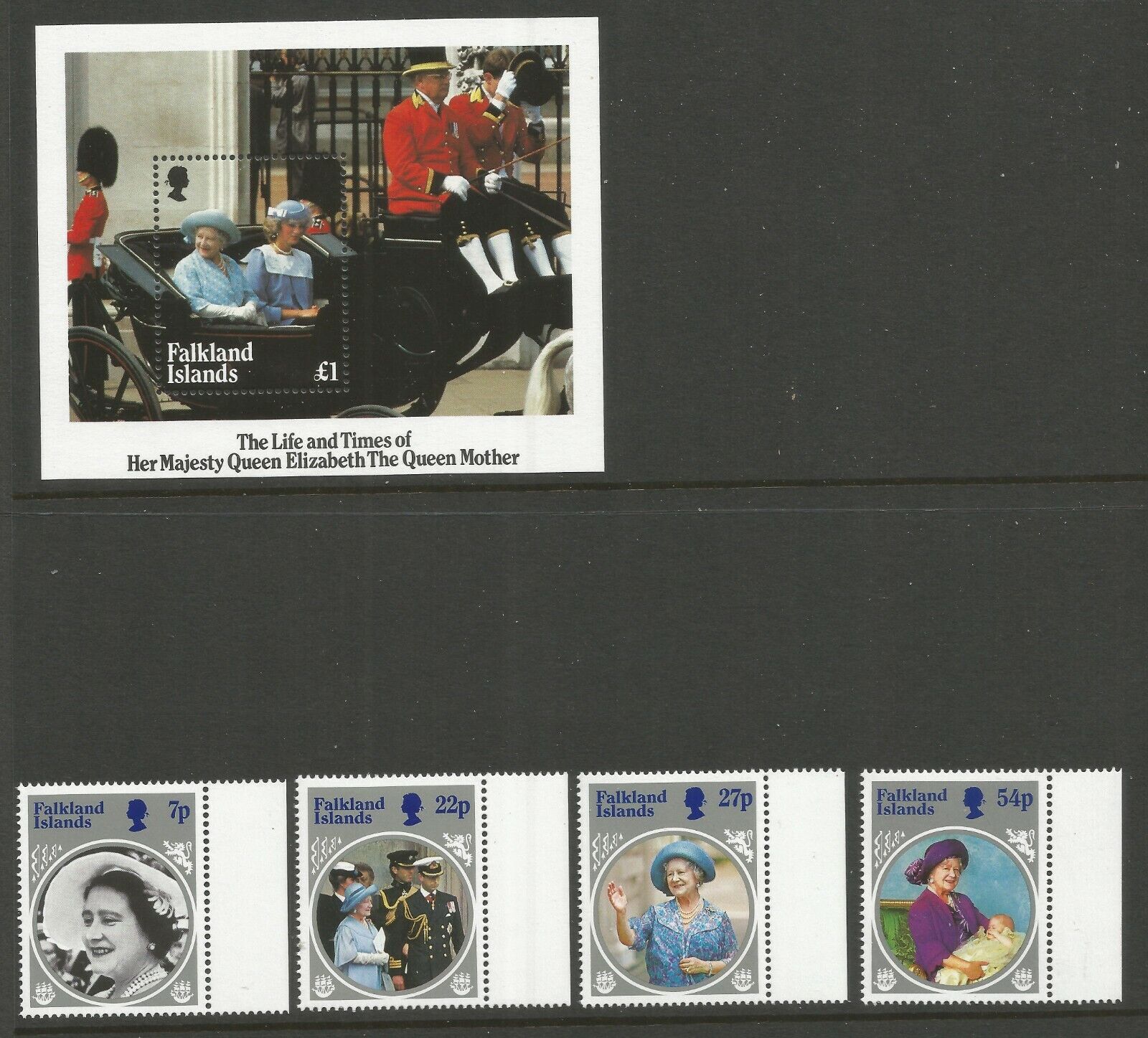 FALKLAND ISLANDS, 1985 LIFE & TIMES QUEEN MOTHER (4+MS), S.G 505-MS509, MNH** Без бренда