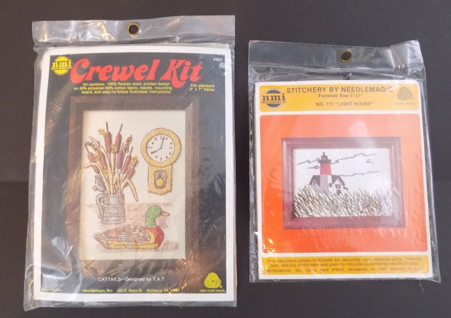 Lot Of 2 - nmi NeedleMagic Crewel/Stitchery Kits - Cattails & Light House - NEW nmi NeedleMagic # 920 & No. 111
