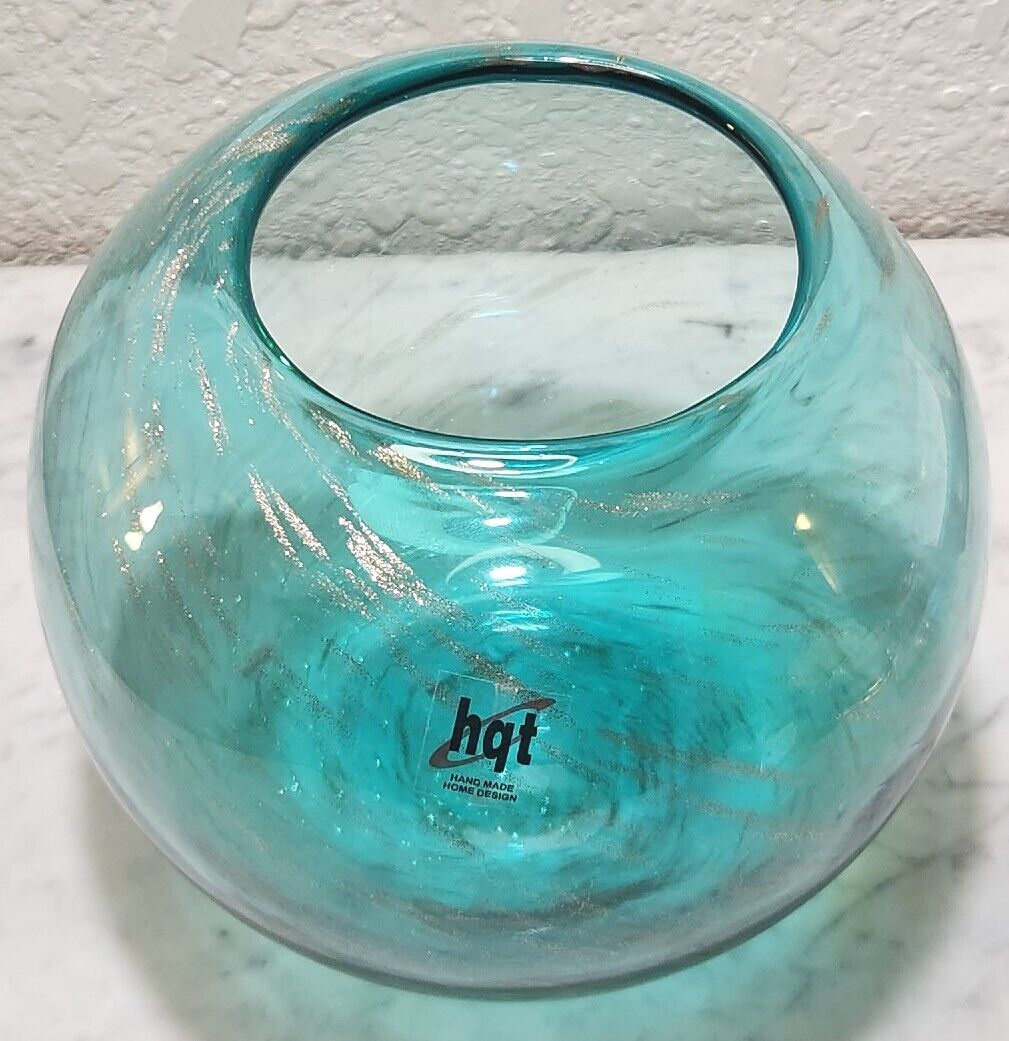 Medium HQT Handblown Aqua/Gold Glitter Artglass Swirl Globe/Rose Bowl/Vase NWT HQT