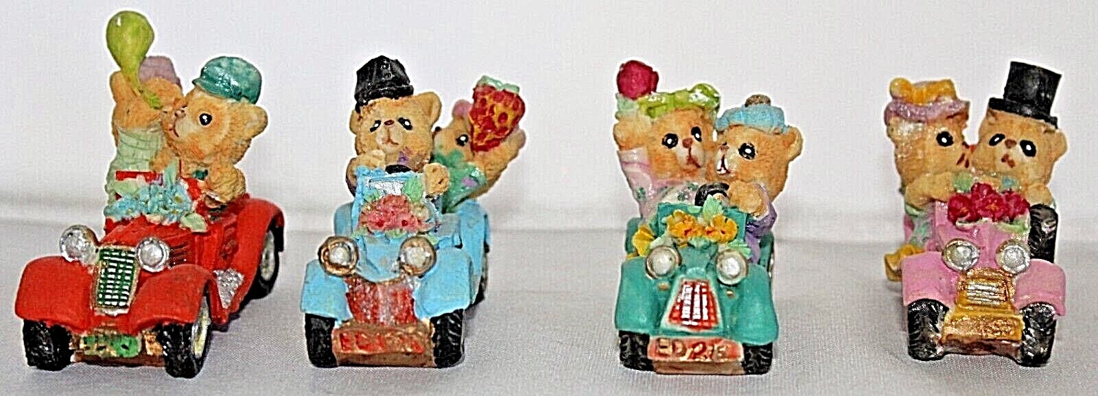 Vintage Set of 4 Hand Painted Polyresin Teddy Bear Couples in Cars Ornaments Unbranded