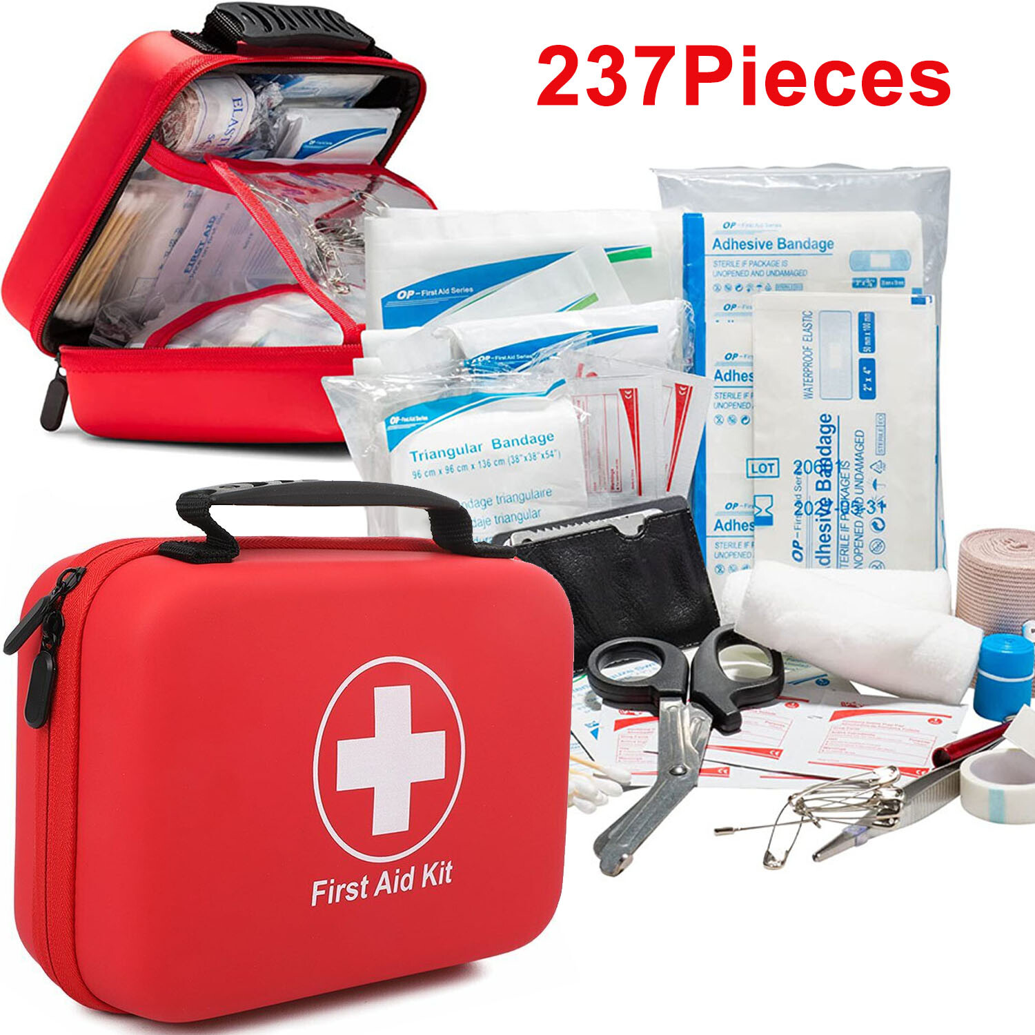 Survival First Aid Kit 237 Piece, Premium Waterproof Hard Shell Medical Kit New Famliy Care ACCU Does Not Apply