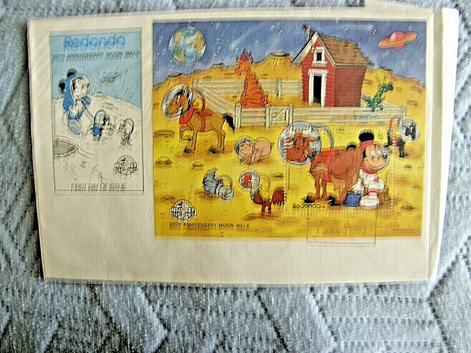 Redonda Mickey Mouse Mini Sheet Stamp on FDC, 20th Anniversary Moon Walk, $5 Без бренда