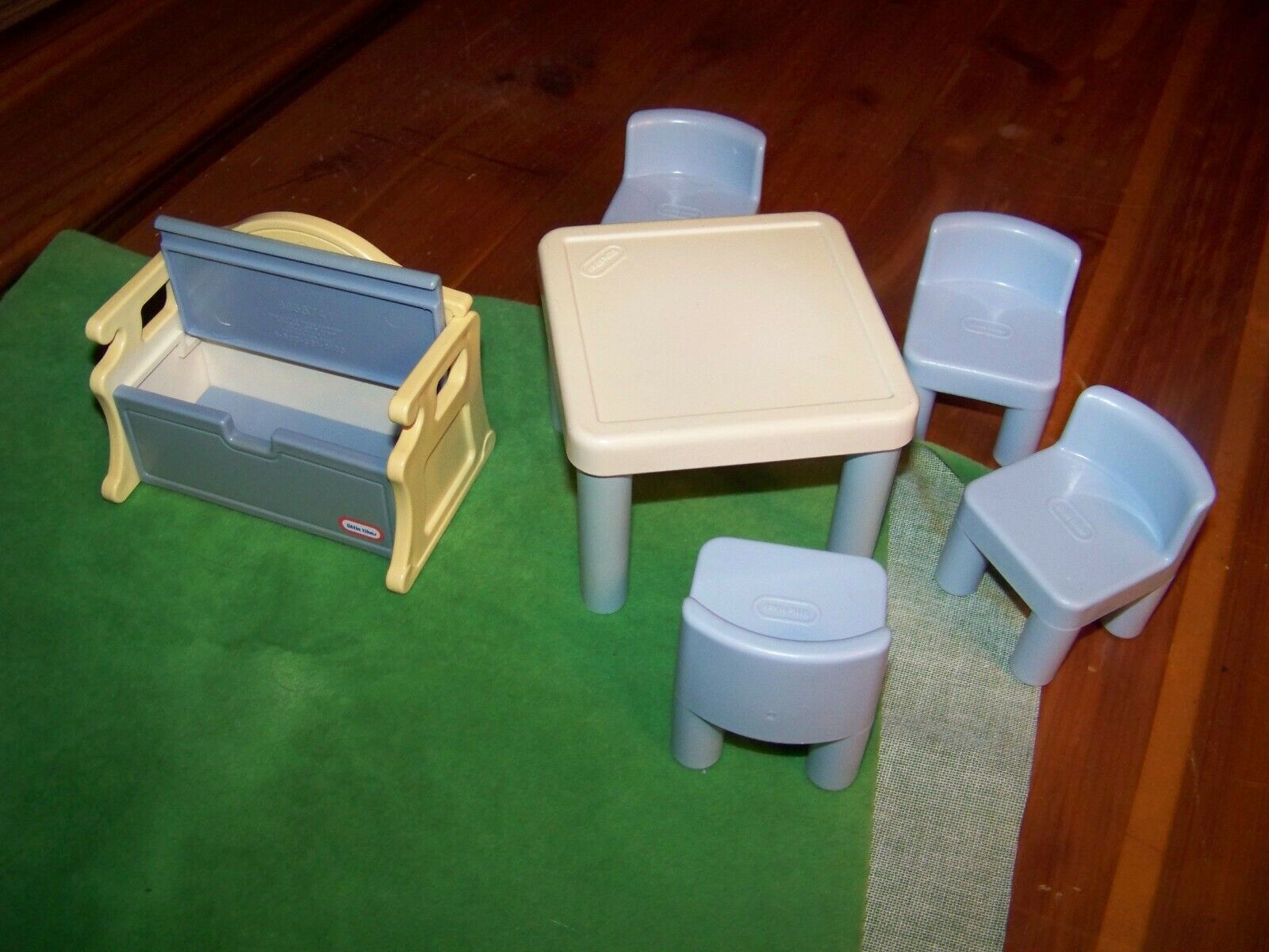 Vintage Little Tikes Dollhouse Toy Chest Bench  Table w/ Blue Legs 4 Blue Chairs Little Tikes