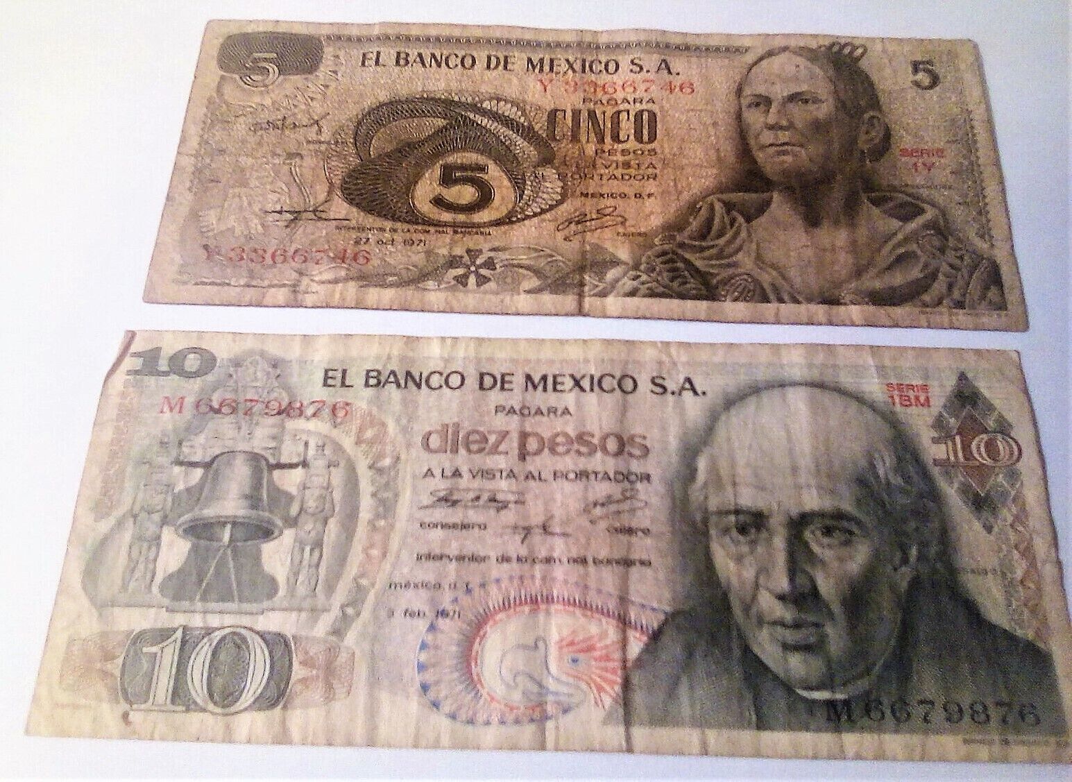  MEXICO PESOS BANKNOTES (2) 1971 circulated 5 & 10  Без бренда