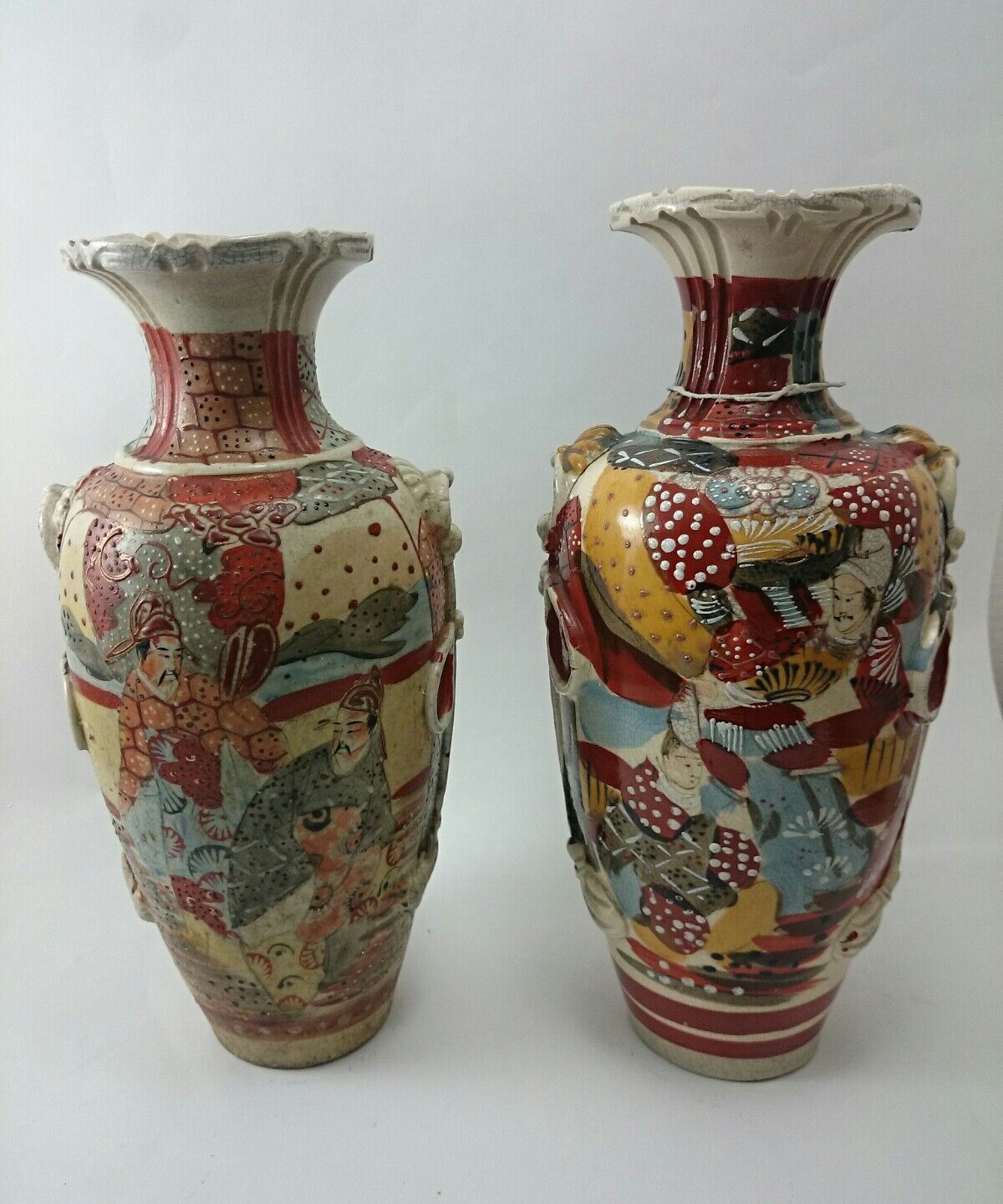 JAPANESE VASES Vintage Pair Ornate Asian Painted Craquelure Decor Pot ART  Без бренда