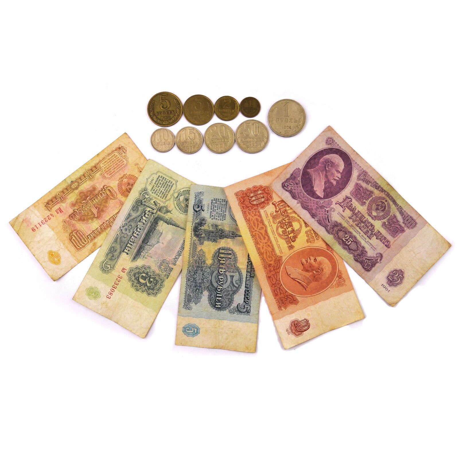 USSR FULL SET 9 SOVIET RUSSIAN COINS KOPECKS + 5 RUBLE BANKNOTES 1961 COLLECTION Без бренда - фотография #2