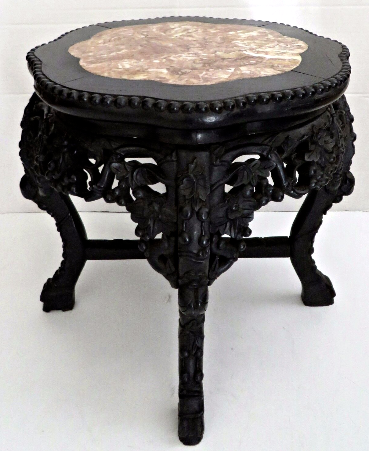Antique 1870's Oriental Chinese Carved Wood Marble Top Side Table Plant Stand Без бренда - фотография #5