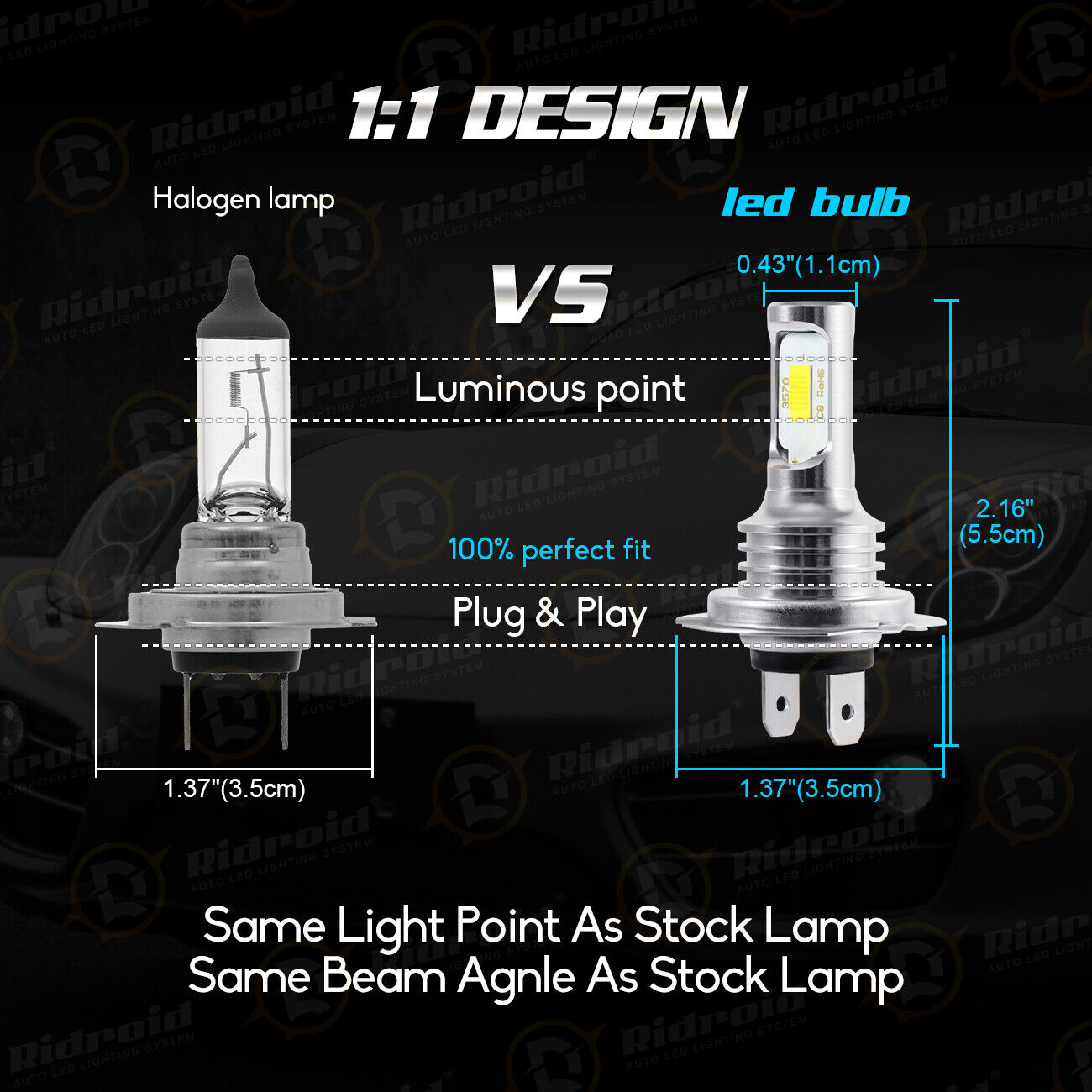 2 LED Headlight Bulbs Conversion Kit H7 High Low Beam Headlamp 6000K Super White Ridroid RDDDWDH7 - фотография #6