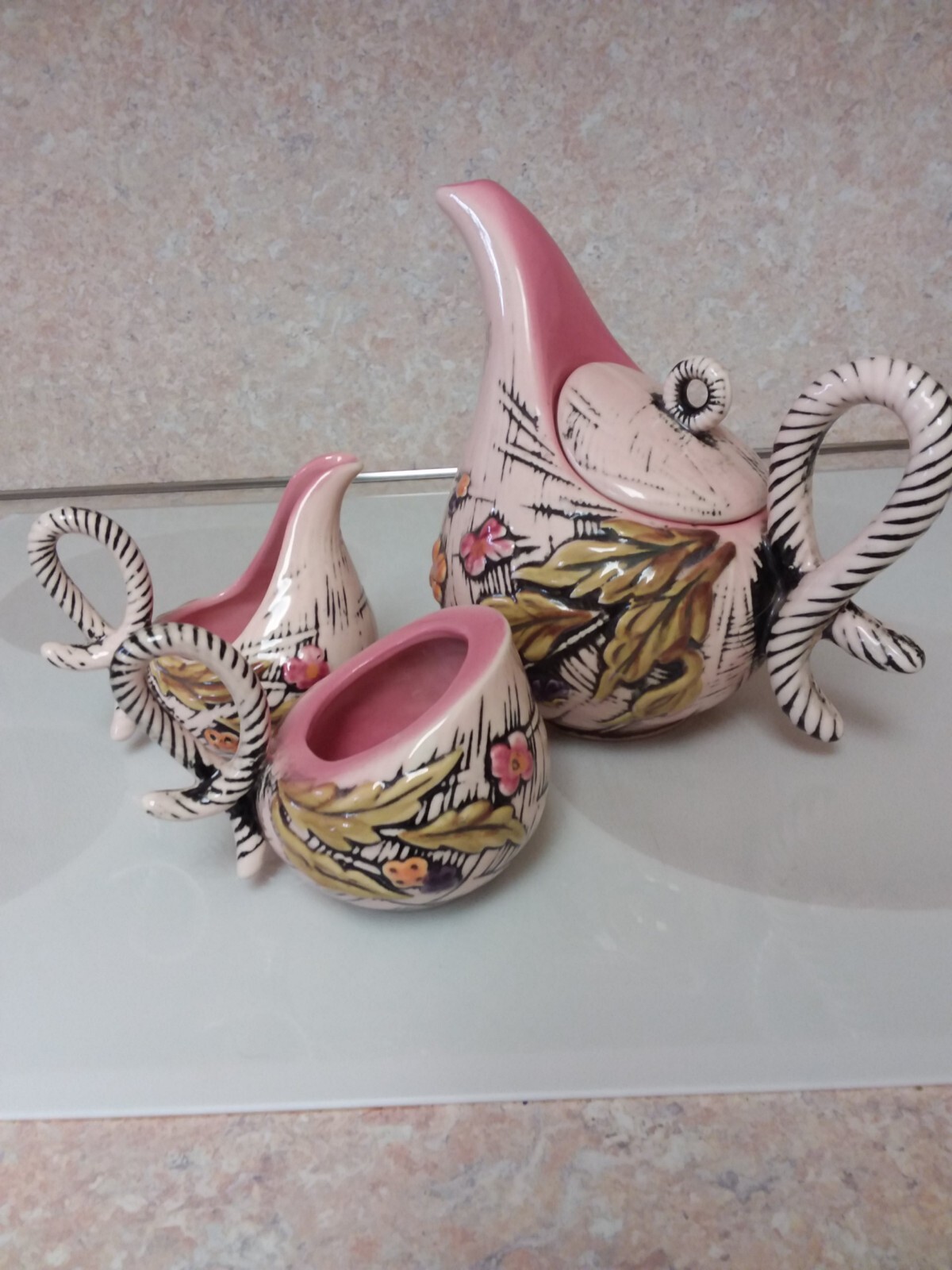 Vintage Hull Art Pottery "Blossom Flite" Tea Pot, Creamer, Sugar, ca. 1955 Hull