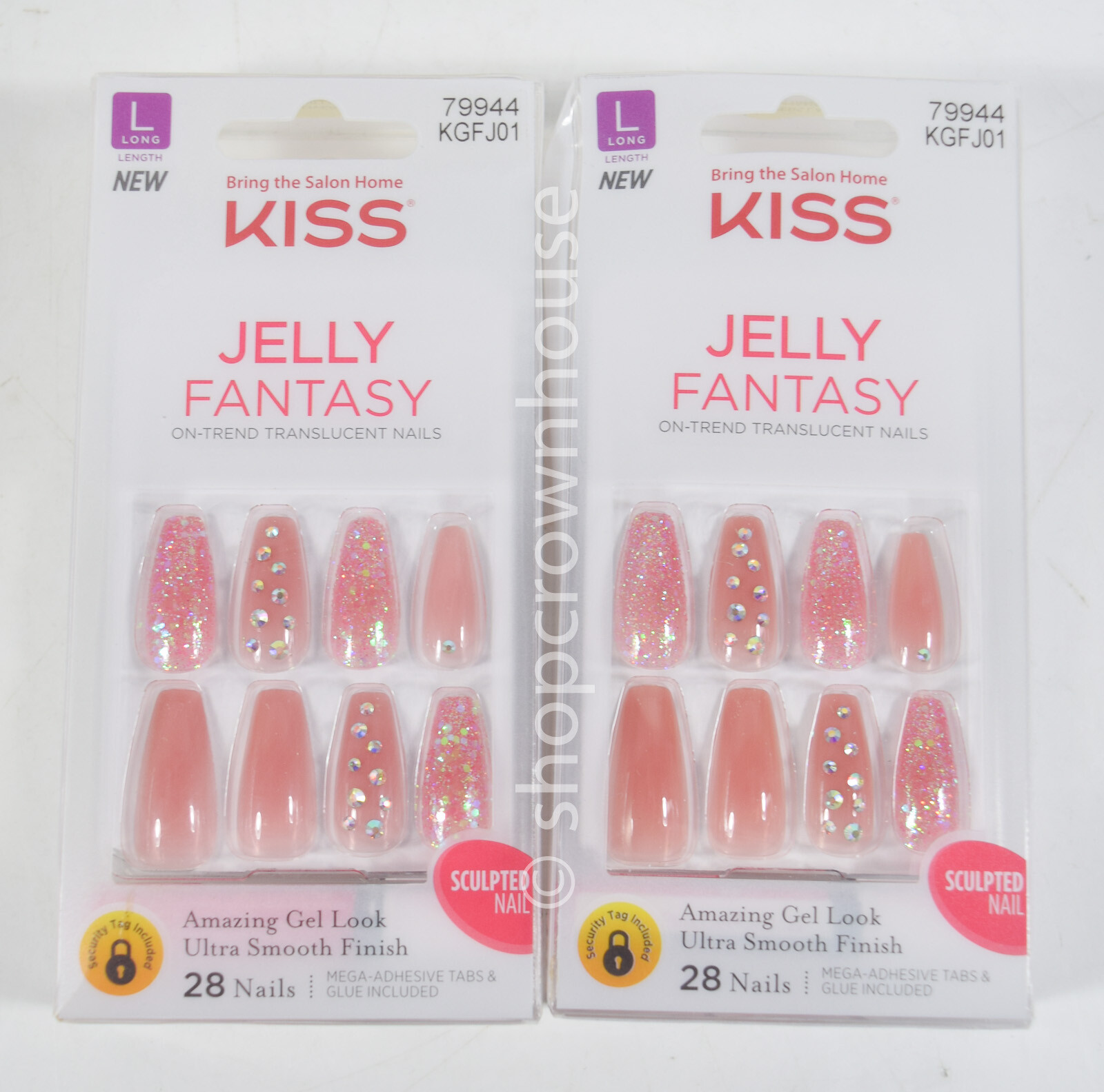2 Kiss Jelly Fantasy Press-On Long Nails #79944 KGFJ01 nude pink w/ glitter KISS