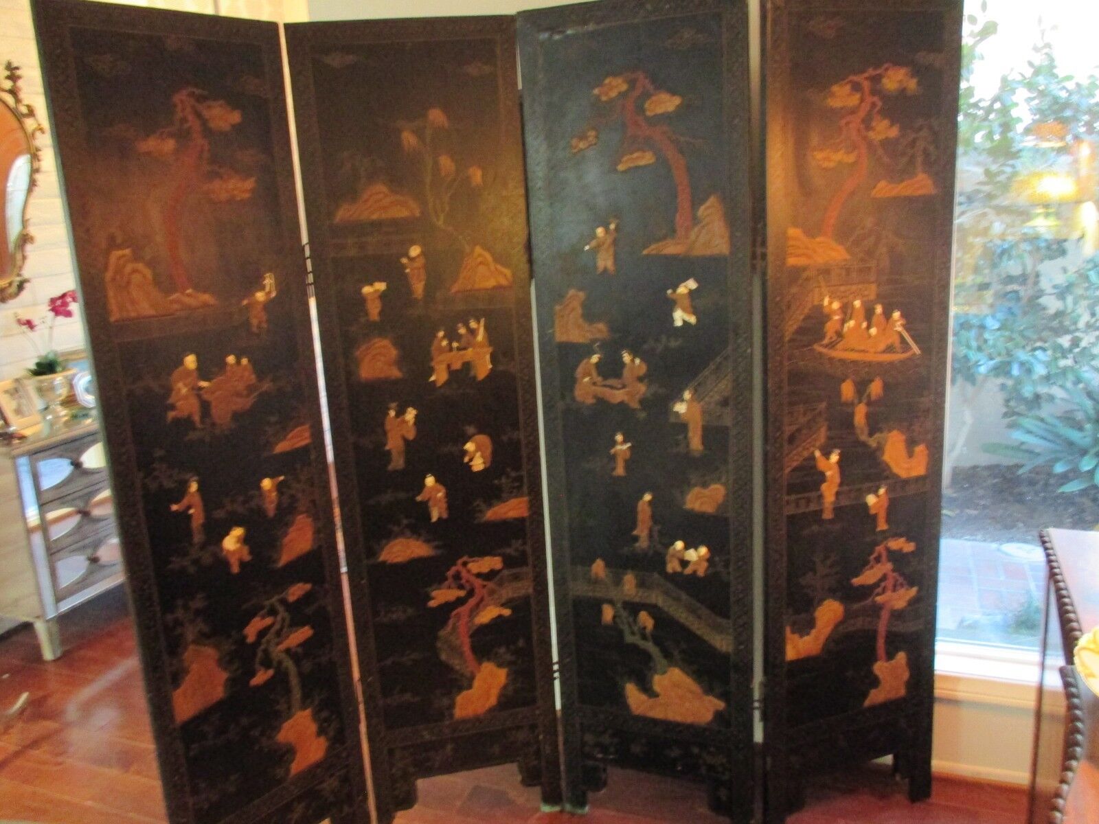 ANTIQUE CHINESE BLACK LACQUER SCREEN Mother of Pearl-EXQUISITE! RARE19th C. Без бренда - фотография #4
