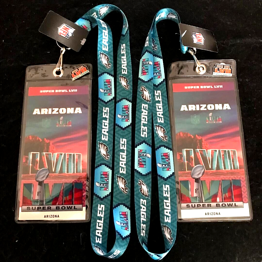 4pc NFL SB 57 Philadelphia Eagles Two Sided Lanyards Ticket Holders Pin Package Wincraft