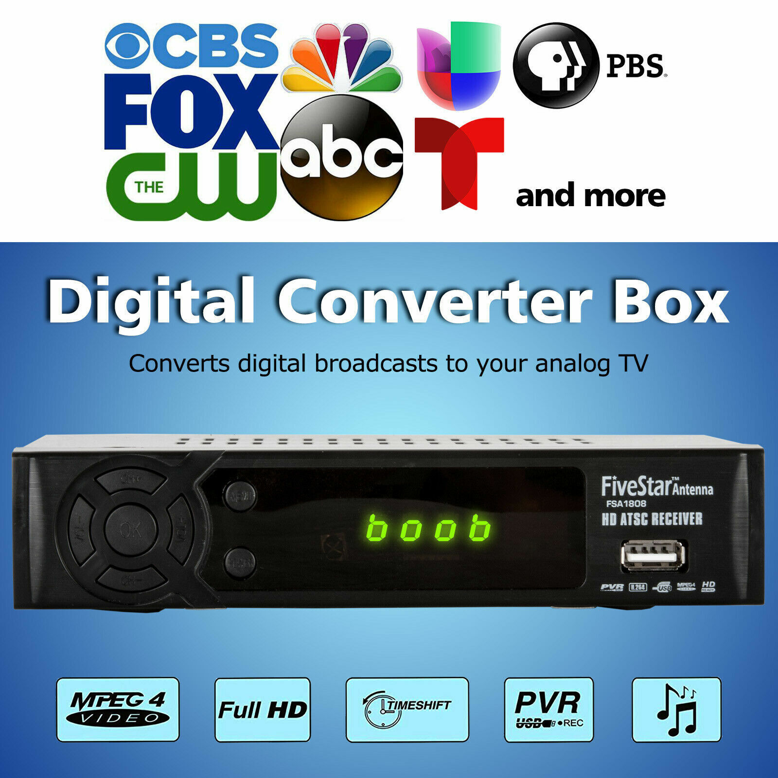 Digital TV to Analog Television Converter Box W DVR Recording Remote Control Five Star 1808