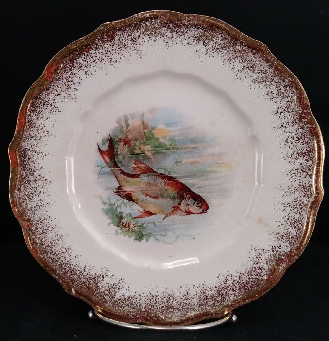 Antique Huntington Fish-Themed 18" Platter + Set Of Three 8" Plates c1890-1907 Huntington NA - фотография #10