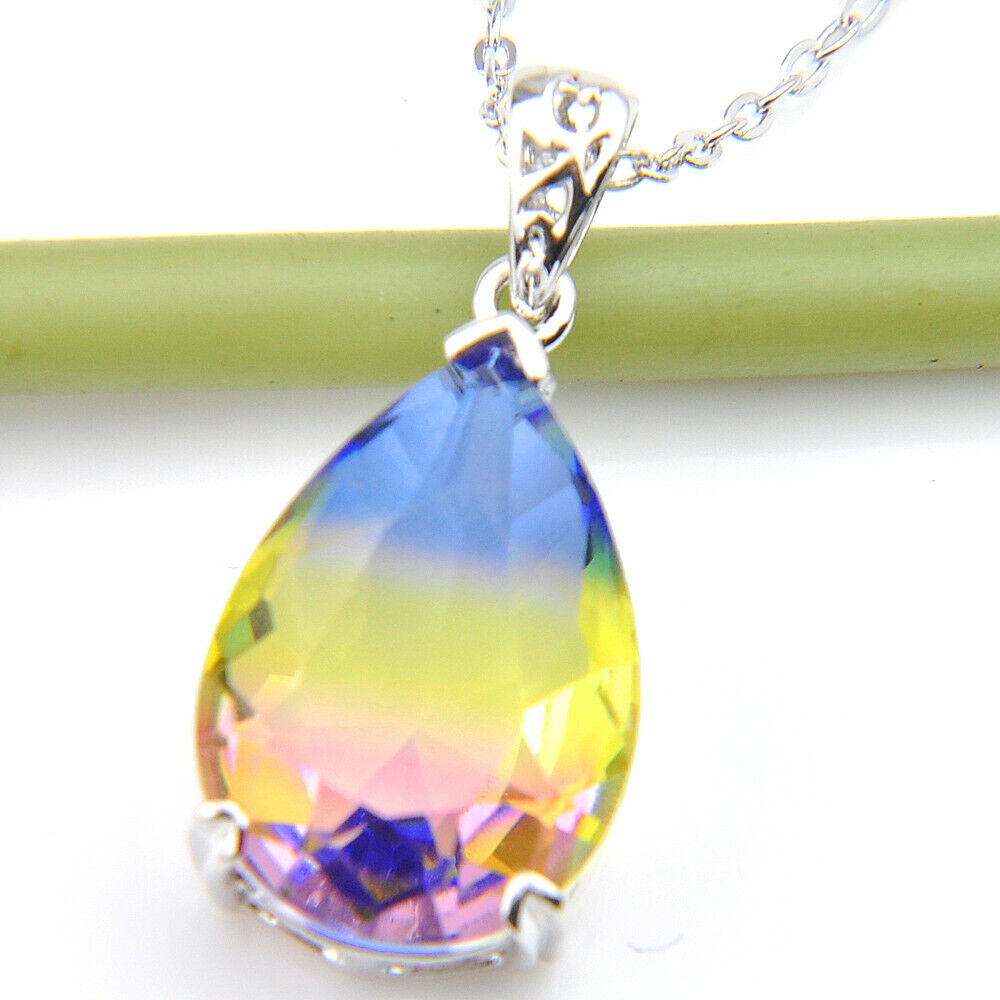 MIX 2PCS Sparking Oval Drop Rainbow Bi Tourmaline Gems Silver Necklace Pendants Luckyshine - фотография #6