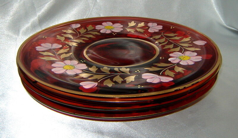 Vintage Set (4) EGERMANN Hand Painted Bohemian Red Art Glass Plates w/ 24K Gold Egermann - фотография #4