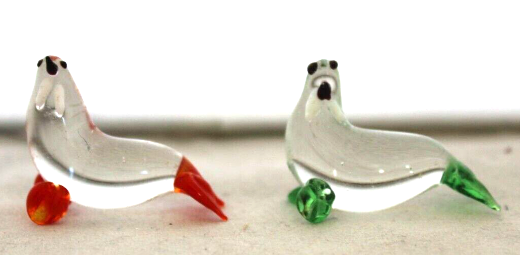 2 x Vintage, ( 1970's) Hand Made,  Art Glass Miniature Walrus Unbranded