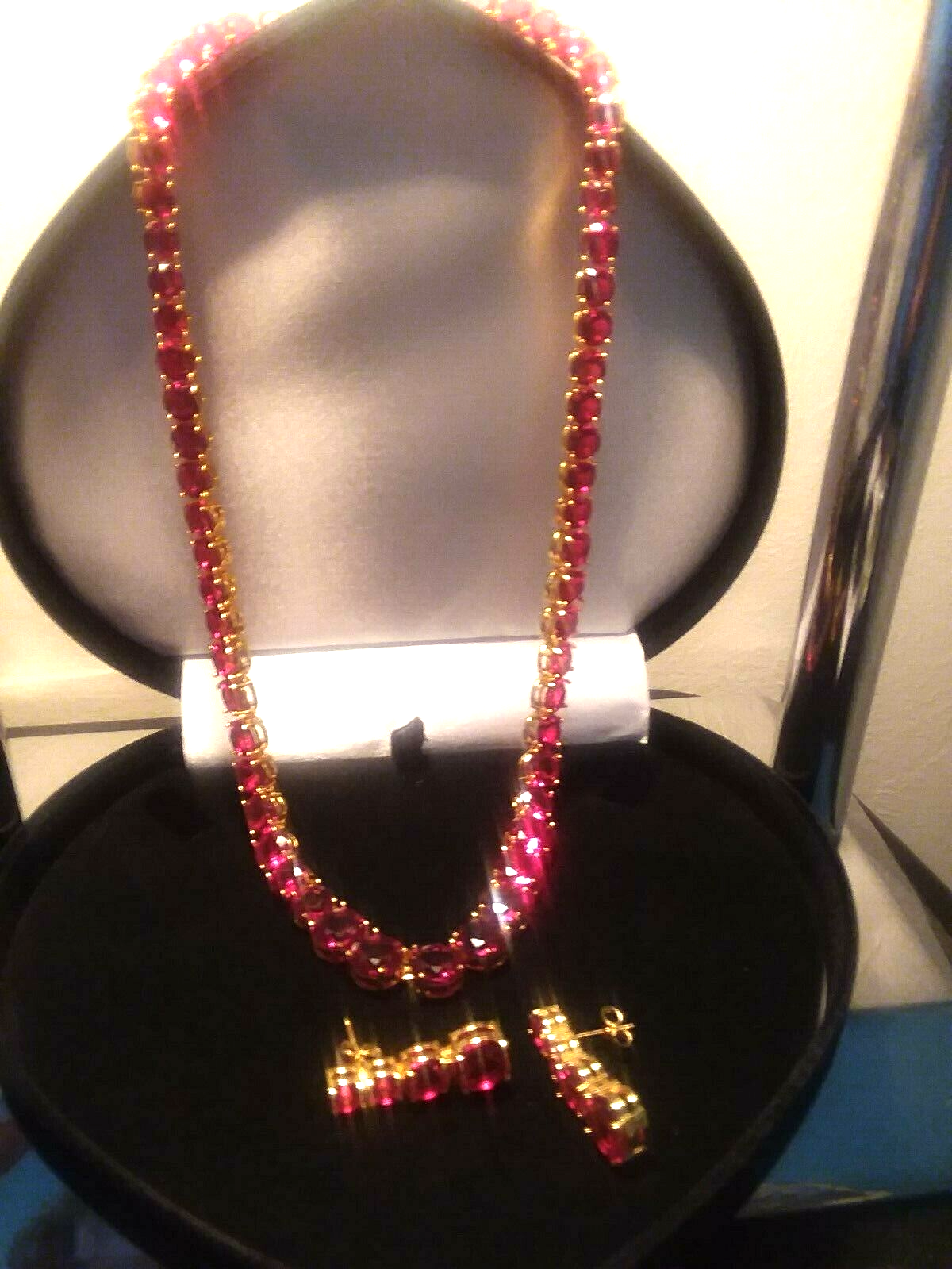  14K GOLD CLAD  96CTW   LAB RED RUBY TENNIS NECKLACE 18 INCH +  BONUS EARRINGS!  EXCEPTIONALBUY