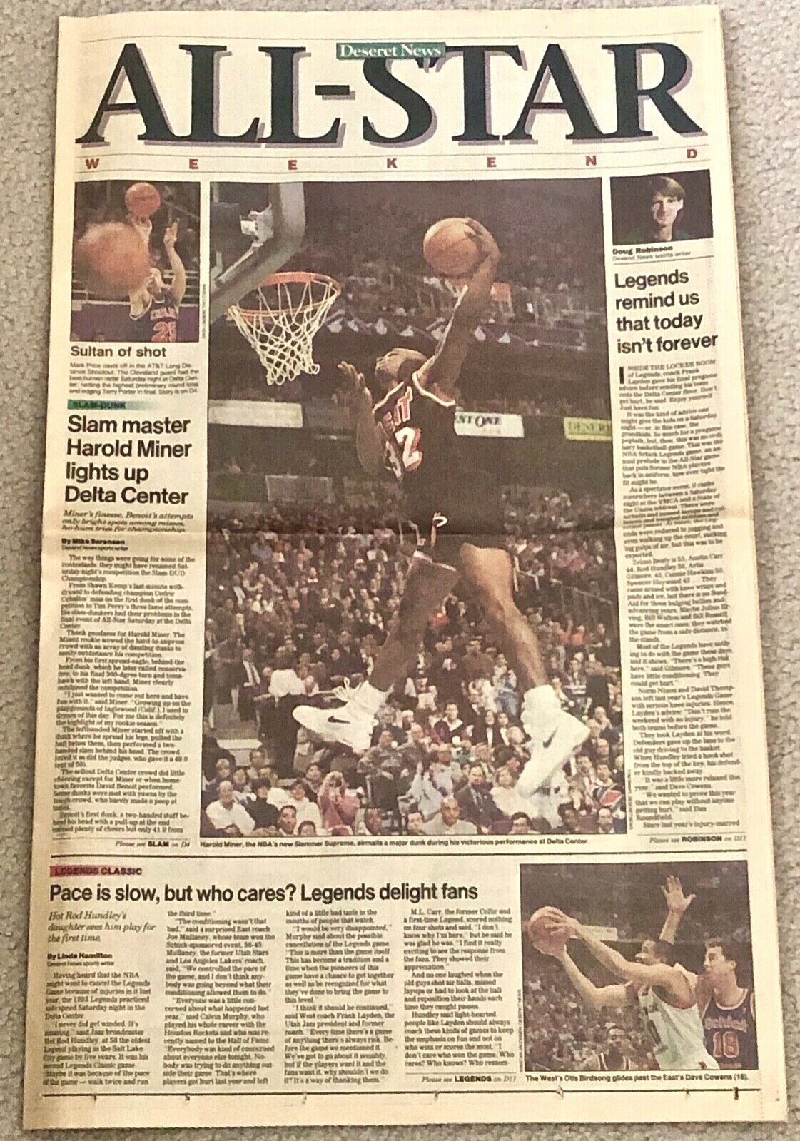 HAROLD MINER "BABY JORDAN" WINS 1993 NBA SLAM DUNK TITLE- UTAH NEWSPAPERS (2) Deseret News + Salt Lake Tribune - фотография #2