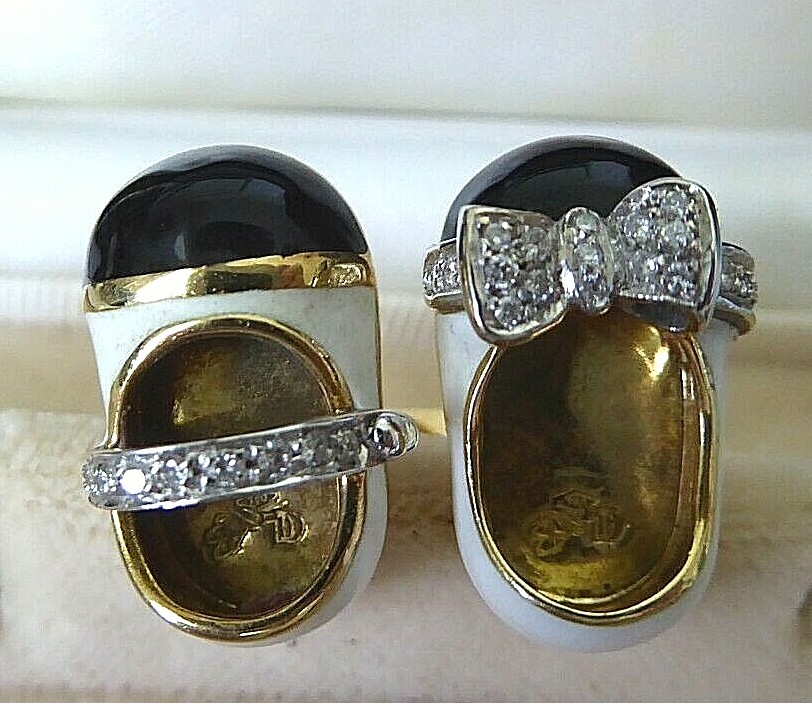 Rare Pair 18K Diamond Yellow Gold Enamel Aaron Basha Baby Shoes Cufflinks Aaron Basha