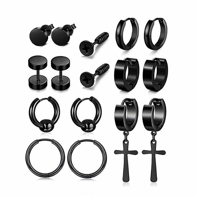 8 Pairs Stainless Steel Black Punk Earrings Stud Piercing Gothic Men Hoop Unisex Unbranded - фотография #2