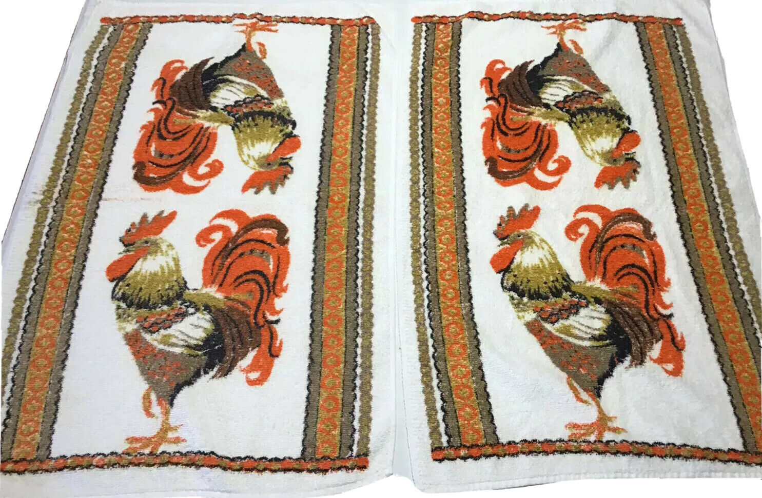 Vintage 1960s Lot Of 2 Royal Terry Rooster Terrycloth Towels Kitchen MCM 27x17 Royal Terry Of California