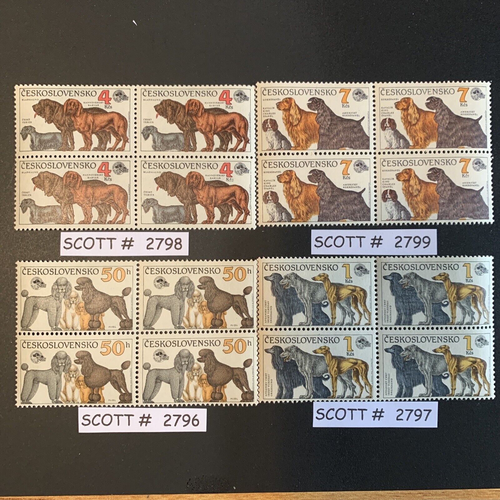 Stamps - CZECHOSLOVAKIA, Scott #2796, 50h, 1Kcs, 4Kcs,7Kcs Dogs, 4 blocks of 4 Без бренда