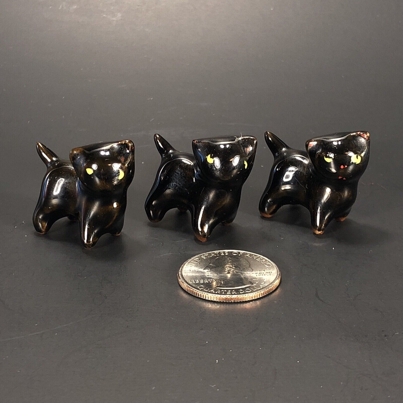 3pc Vintage MINIATURE Black Cat Kitten Figures Redware Ceramic Pottery 1-in H  Unbranded