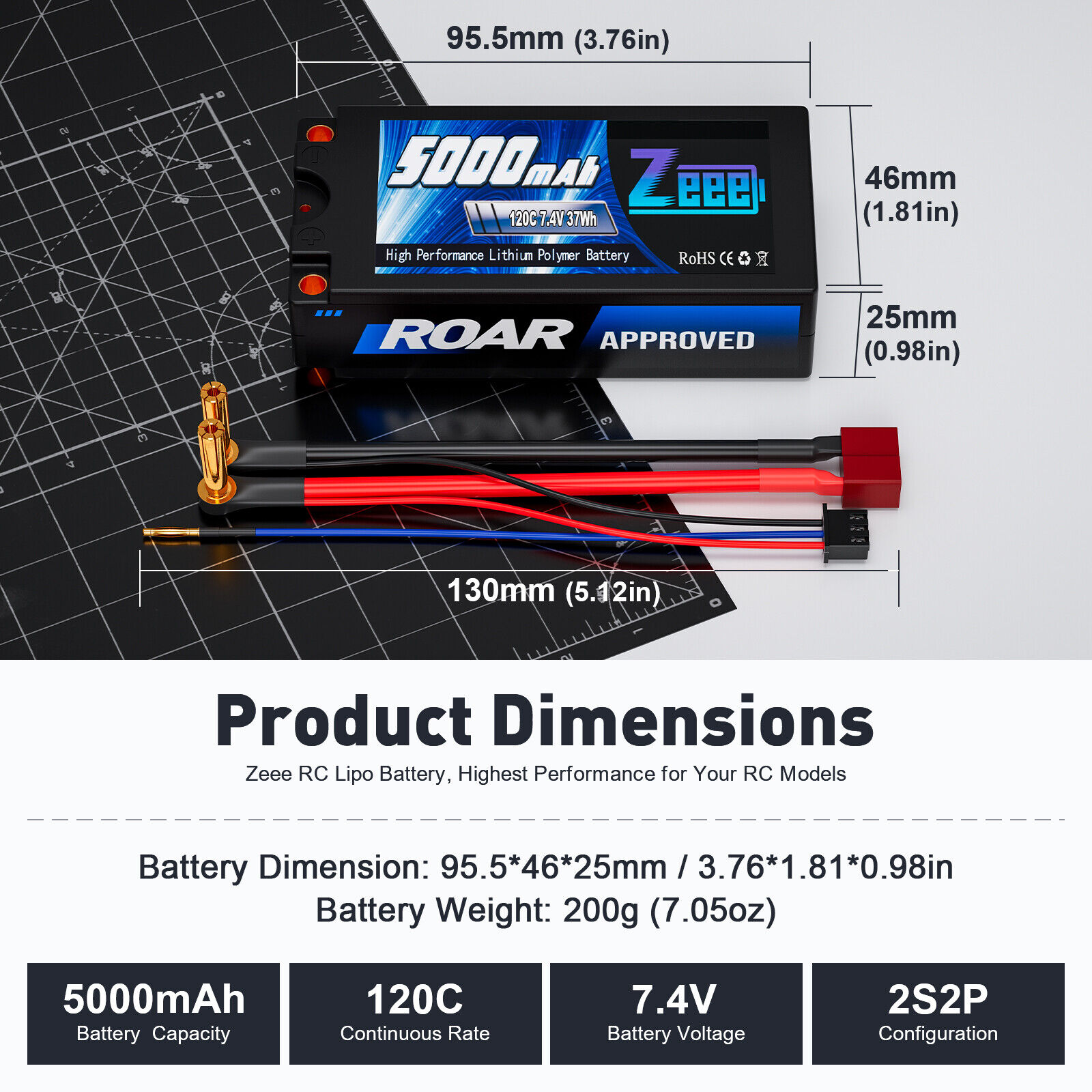 2x Zeee 2S Lipo Battery 5000mAh 7.4V 120C 5mm Bullet to Deans Shorty for RC Car ZEEE Does Not Apply - фотография #3