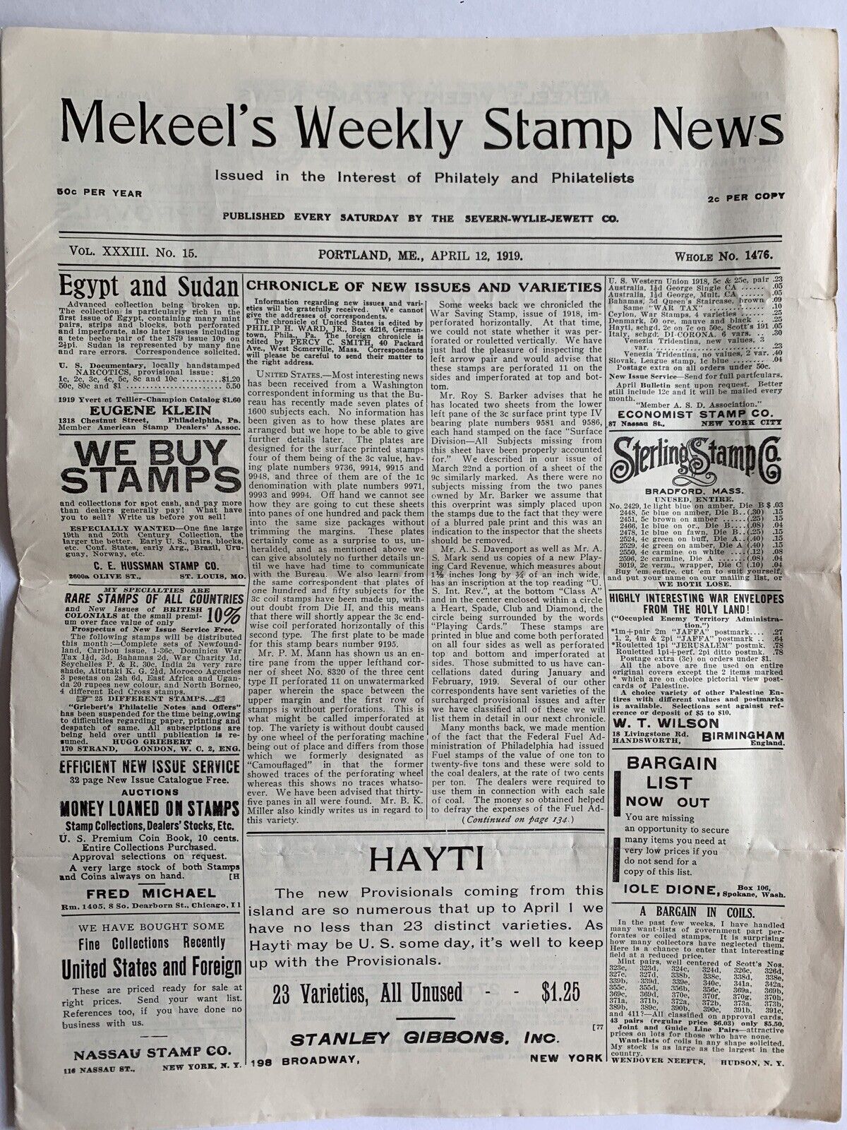 Vintage Philatetic News, 2 Mekeel's Weekly Stamp News April 12 1919 & Feb 8 1926 Mekeel's - фотография #2