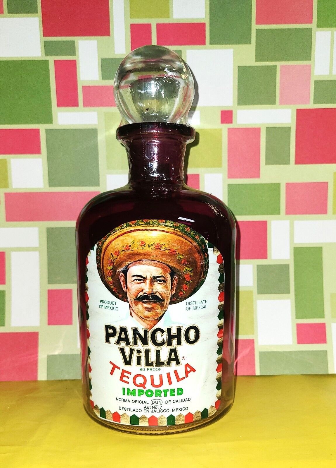 PANCHO VILLA TEQUILA  Label  Purple Glass Decanter bottle with stopper Pancho Villa Tequila