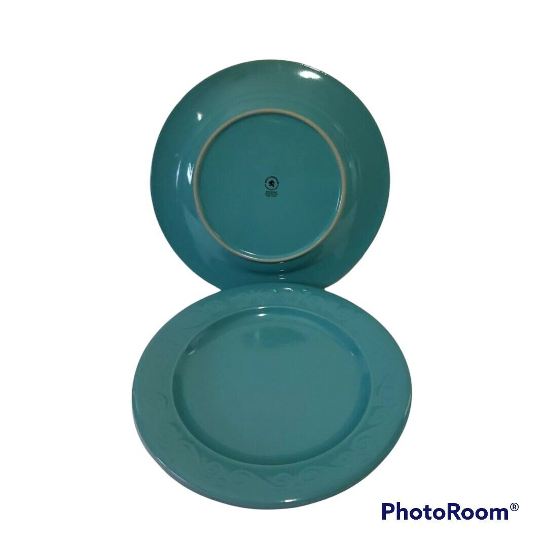x2 Royal Norfolk Turquoise Embossed Scrolls 10.25in Dinner Plates Blue Teal Aqua Royal Norfolk