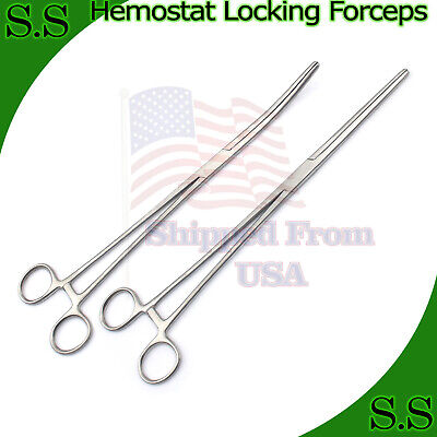 New 2pc Set 12" Straight + Curved Hemostat Forceps Locking Clamps Stainless S.S Does Not Apply