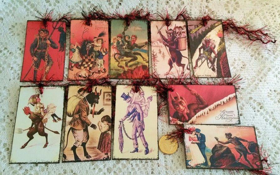 10~Christmas~Victorian~Gruss Vom Krampus~Vintage~ Linen Cardstock~Gift~Hang~Tags Toez In The Sand