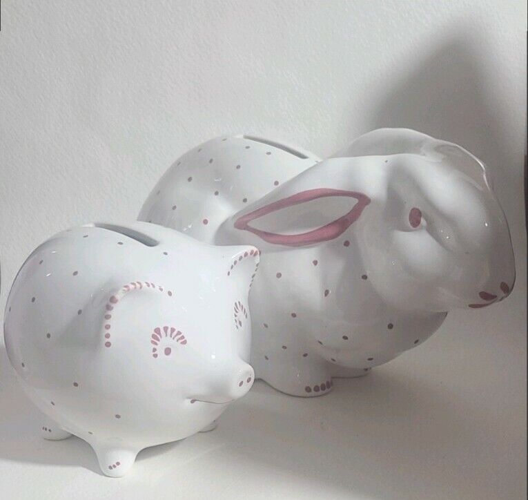 Pair of Austrian Tiffany & Co. Pink Polka Dot Bunny & 🐖 Pig Piggy Bank w/ Keys Tiffany & Co.