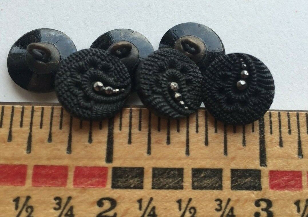 6 Art Deco Black Glass Victorian Mourning Buttons lacey fabric faux steels 12mm Без бренда